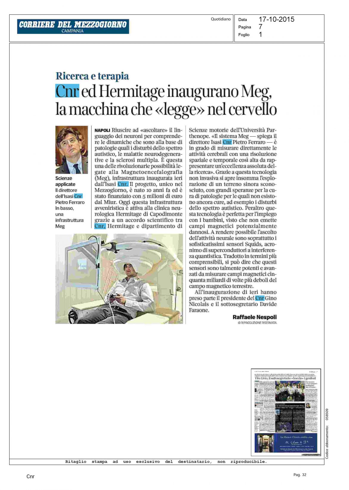 Cnr ed Hermitage inaugurano Meg, la macchina che legge nel cervello