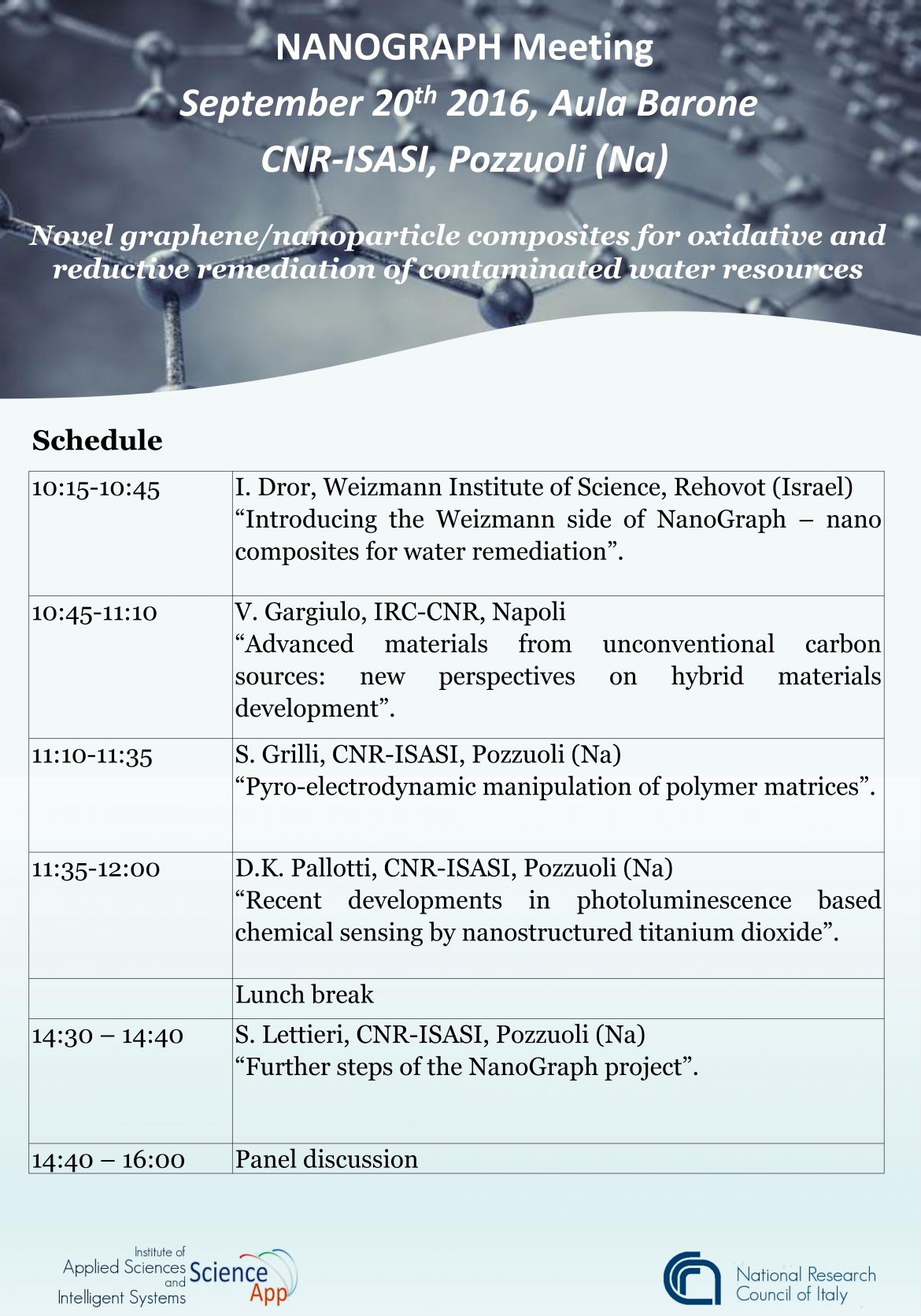 Nanograph meeting  “Novel graphene/nanoparticle composites for oxidative and reductive remediation of contaminate water resources”